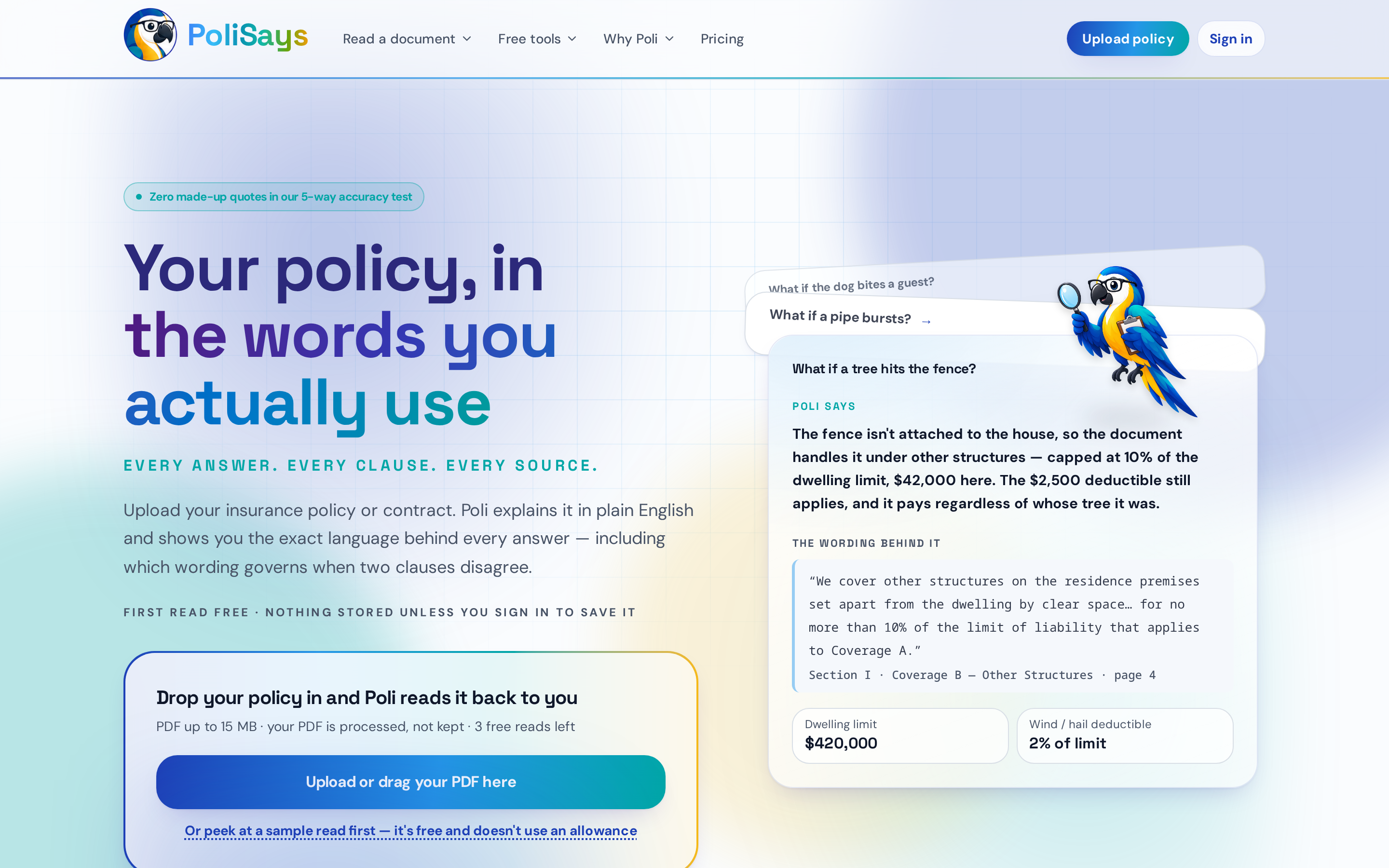 PoliSays landing page showing a plain-English policy read